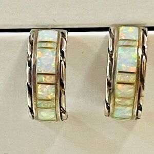 Native American Navajo Handmade Sterling Silver Opal Inlay Post Earrings